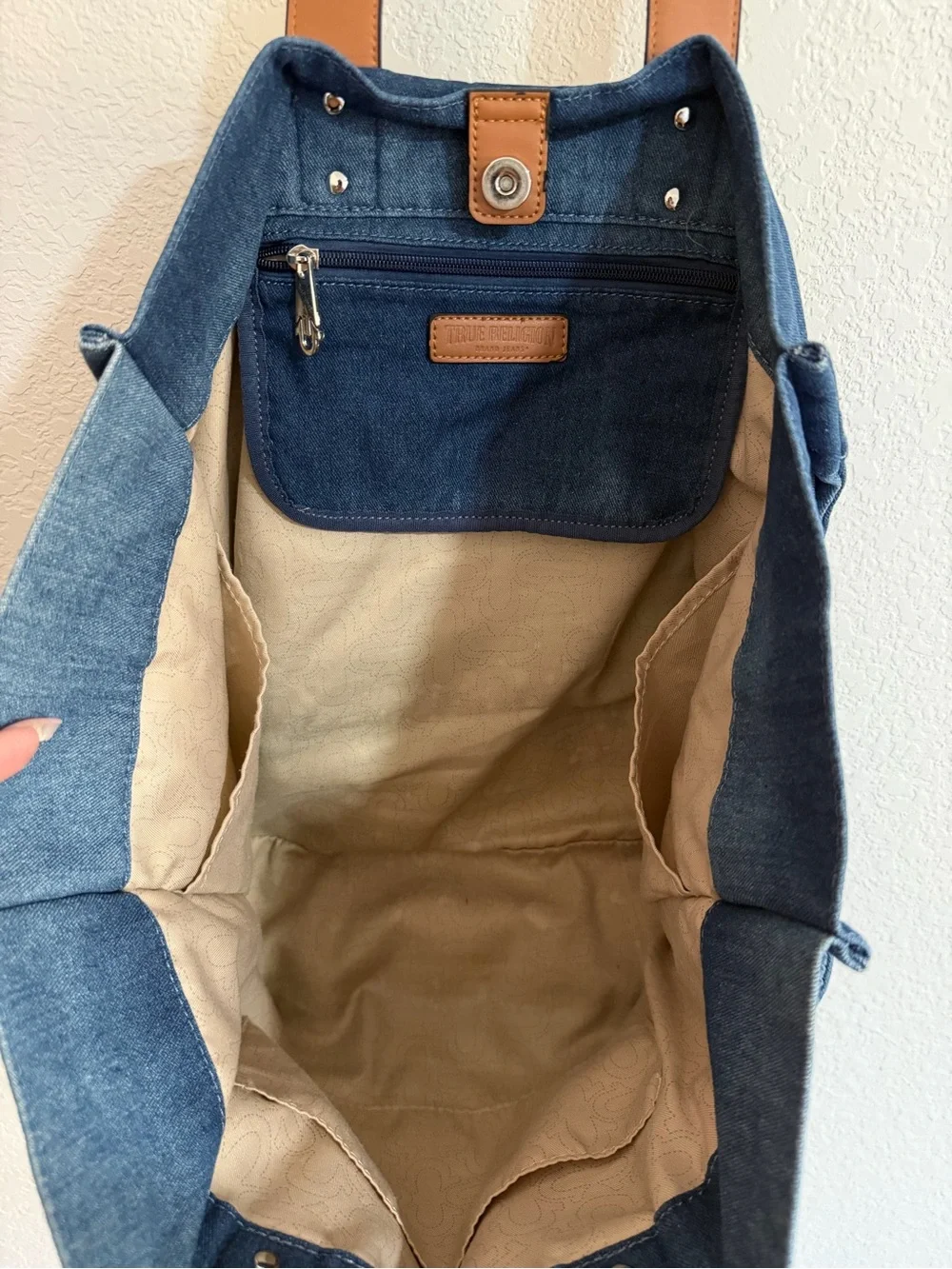 True Religion Denim Tote Bag in Blue with Tan Handles